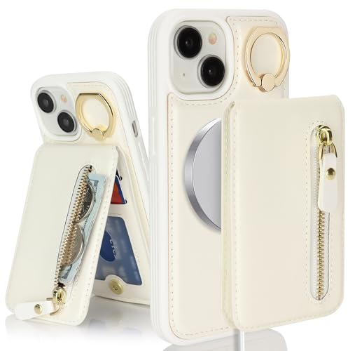 SailorTech iPhone 15 Plus Case with Card Holder, Cover with Ring Stand and Kickstand - White