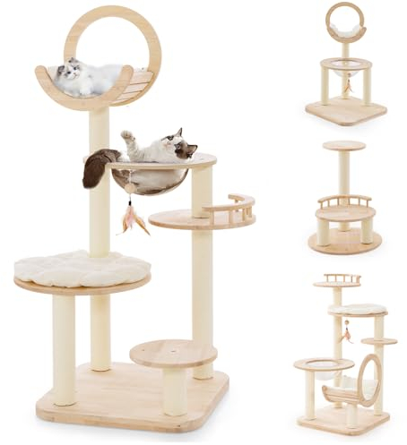 COSTWAY Tiragraffi in legno, 4 forme fai da te, albero per gatti con piattaforme e capsula spaziale, pali in sisalp e giocattoli, grande per gatti, albero di attività rampicanti, 146 cm, legno di