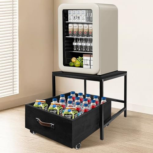 Mini Fridge Stand with Storage, Mini Fridge Table with Rolling Cabinet, Heavy Duty Mini Fridge Stand for Dorm, Apartment, Office, Bedroom, Black