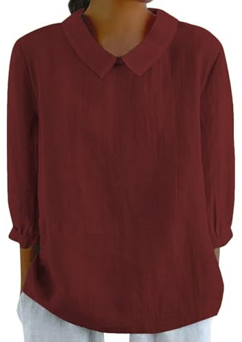 Chemise Femme en Lin Manches Courtes - Tunique Longue Noire Rouge Rose - Tee Shirt Manche Longue XL
