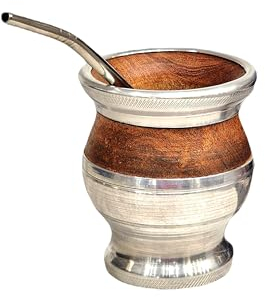 Vaso Mate Argentino Tradicional, Hecho a mano en Madera de Algarrobo con Recubrimiento de Acero Inoxidable, Mate con bombilla Gourd mate mug