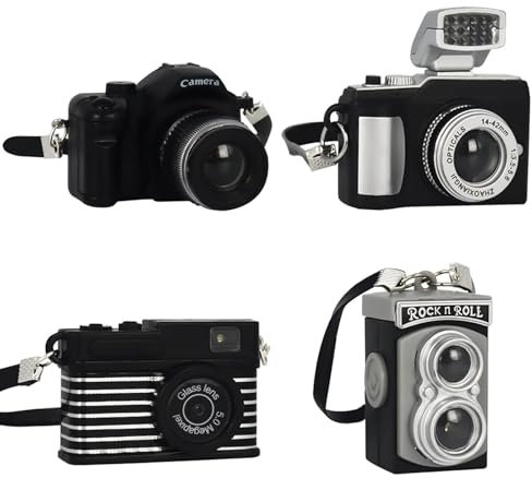 Toyhood 4Pcs Dollhouse Miniature Camera, 4Style Mini Retro Camera with Lanyard, Light Up and Sound, Vintage Dollhouse BJD Camera Decor, Simulation Camera, DIY Dollhouse Accessories Photo Props