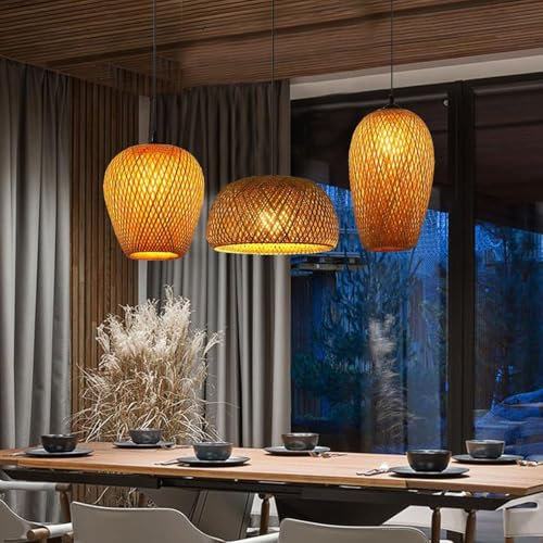 AIAO Bambou Naturel Tissé Suspension Rétro Lustre E27 Suspendue Hauteur Adjustable 3 Flammes Pendentif Luminaire Vintage Japonais Maison Intérieur Éclairage Bar Cuisine Restaurant Salle Lampe Plafond