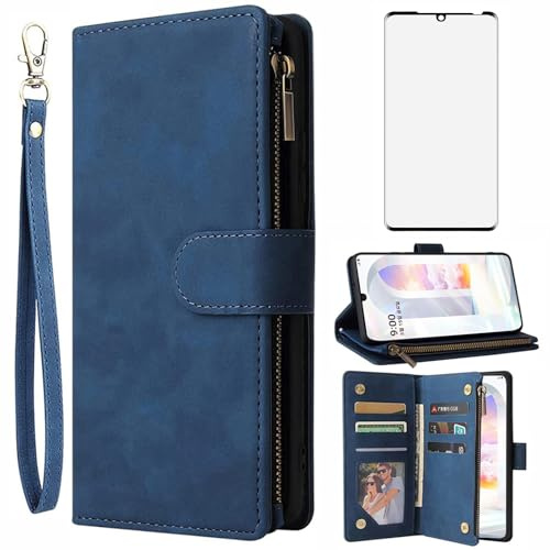 Asuwish Handyhülle für LG Velvet 5G/4G Hülle mit Folie Schutzfolie und Kartenfach Klappbar Leder Geldbörse Ständer LMG910EMW LM-G910EMW Reißverschluss Cover Handy Hüllen Schutzhülle Phone Case Blau