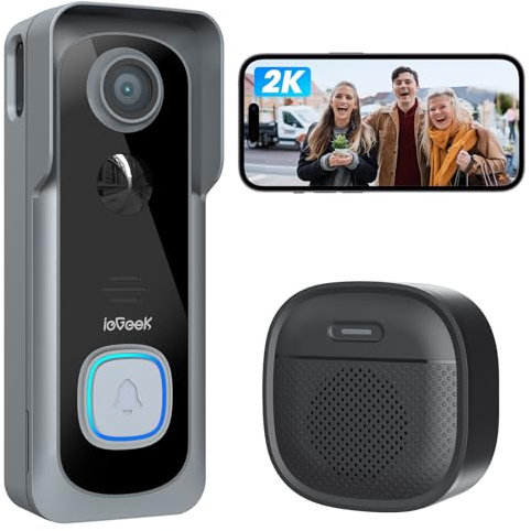 ieGeek Video Doorbell Wireless with Chime - 2K HD Doorbell Camera Grey, Smart Home Security Door Bell Voice Message and Changer, Two-Way Audio, PIR Detection, Easy Installation, Night Vision