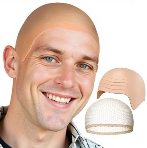 YNR 2 Stücke Glatzenkappe Latex und Elastische Haarnetz, Glatzenkappe Herren, Latex kahle Kappe, Latex Haut Farbe Glatze Maske für Halloween Fancy Dress Cosplay