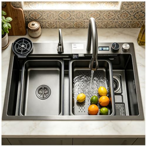 HZKSINNK 75x50cm Wasserfall Küchenspüle, 1 Becken Schwarz Multifunktional Edelstahl Barspüle,mit Ausziehbare Wasserhähne, Schneidebrett, Siphon, Über- und Ablauf-Set Komplettes Zubehör Aufsatzspüle