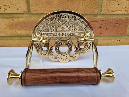 Fenzo Traditional Brass Toilet Roll Holder St. Pancras Wooden Roller Victorian Railway Station Vintage Design Wall Mounted Loo Roll Holder, Elegant Touch, Easy Installation (Golden)
