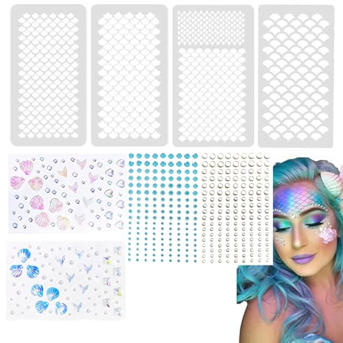 Amacoam Fischschuppen Schablonen Meerjungfrau Kostüm Schminke Schablone Meerjungfrau Schablonen mit 4x Glitzersteine Selbstklebend Strasssteine Karneval Kostüm Makeup Fasching Malvorlage zum Malen