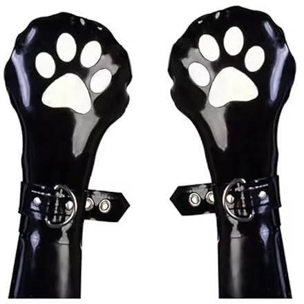 Latex-Handschuhe mit Gürtel, Schwarz und Weiß, Fußabdruck, Katze, Tier, kurz, mit Gürtel, Gummihandschuhe, Fäustlinge, schwarz mit weiß, 42