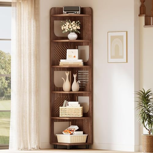 Tribesigns Eckregal, Rustikales 6-stöckiges Wand-Eck-Bücherregal, 182cm Ecke kleines Bücherregal Aufbewahrungsregal Pflanzenständer für Wohnzimmer, Heimbüro (1PC, Braun)