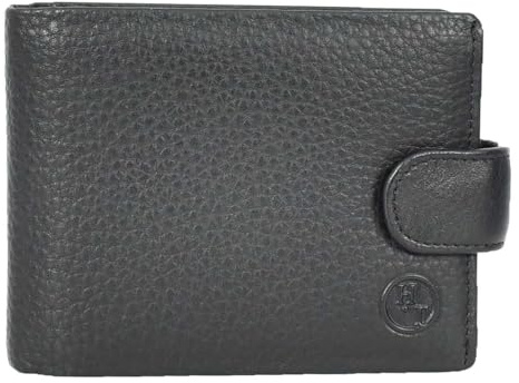 Mens Real Leather Bifold Wallet Banknotes ID Window Card Holder Cairn Black
