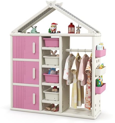 COSTWAY Kinderregal in Hausform mit Kleiderstange, Bücherregal Kinder, Spielzeugregal mit Regalen, Seitenkörben & 4 Aufbewahrungsboxen, Spielzeug Organizer Spielzeugschrank für Kinderzimmer (Rosa)