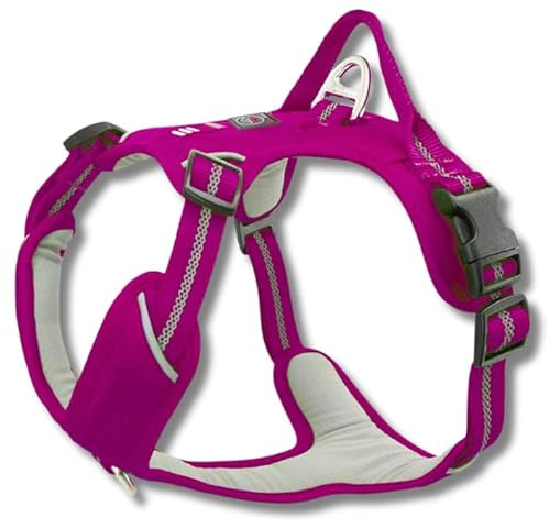 Lalazoo ADVENTURE Hundegeschirr Typ Guard – No-Pull verstellbar gepolstert & reflektierend mit Griff zwei Leinenbefestigungen & Tasche wasserabweisend für kleine mittelgroße & große Hunde – Fuchsia, L