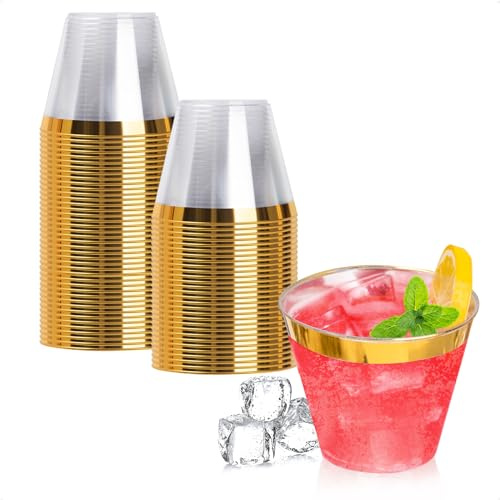 50PCS 9oz Clear Gold Plastic Cups for Party, Reusable Gold Cups, Plastic Cocktail Glasses for Wedding Thanksgiving, Christmas and Parties