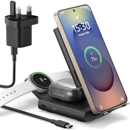 SURITCH 3 in 1 Wireless Charging Station Compatible with Samsung, 15W Foldable Charging Dock Stand for Galaxy S25 S24 S23 S22 S21 Z, Galaxy Watch 7/6/5/4/3, Galaxy Buds, Black(UK Plug)