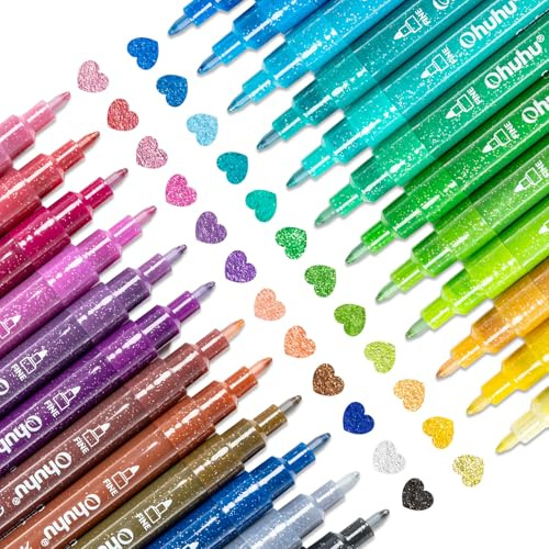 Ohuhu Glitzerstifte 24 Farben, 0,7 mm Feine Spitze Wasserbasis | Glitzer Filzstifte für Mädchen, Album Scrapbooking Steine Keramik Glas Tassen, Holz Zeichnung, Färbung
