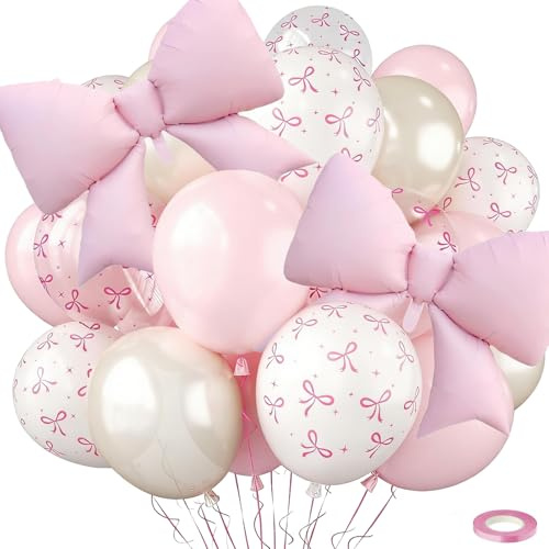 Mavouri 30 Stück Schleifen Luftballons Geburtstag Rosa Weiß, Luftballon Schleife Rosa, Folienballon Schleife, Schleifen Helium Ballons für Hochzeit, Prinzessin Geburtstag Deko, Kindergeburtstag