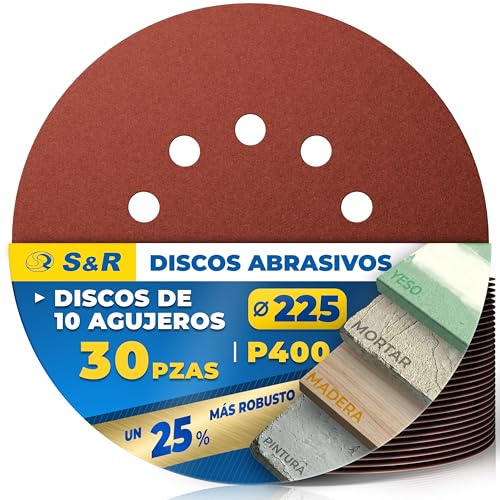 S&R Schleifpapier 225mm Klett P400, 10-Loch, Schleifgiraffe 225mm | Schleifscheiben, 30-tlg für Exzenterschleifer, Langhalsschleifer (Schleif-Giraffe), Schleifpapier für Wand, Decke, Gipskarton