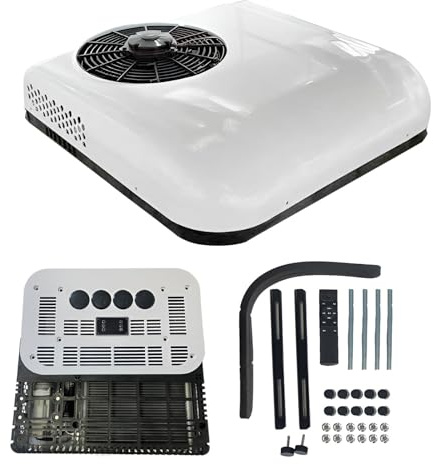 Climatiseur de camping-car 12 V, unité climatisation sur le toit camping-car, à 4 voies, 10 000 BTU/h, silencieuse volts pour refroidissement rapide semi-camion, grue, fourgonnette, bus 12V-White