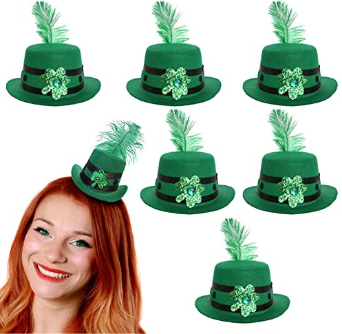 Irischer Mini-Hut mit Feder – grüner Faszinatorhut mit Kleeblatt und Schleifenverzierungen plus großer grüner Feder – perfektes St. Patricks-Kostüm-Accessoire – 1 Stück