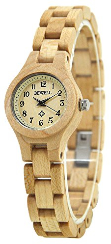 BEWELL Handgemachte Natürliche Hölzerne Uhren Für Damen Mode Uhr Analog Quarzwerk Armbanduhr Casual Stil für Frauen mit Hölzerne Armband(Beige)