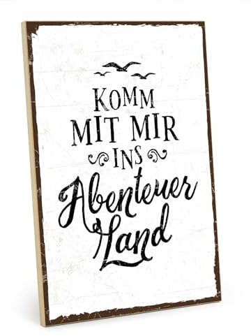 TypeStoff Holzschild mit Spruch – ABENTEUERLAND – aus MDF-Holz, Schild, Wandschild, Türschild, Holztafel, Holzbild mit Zitat/Aphorismus als Geschenk und Dekoration - HS-00243