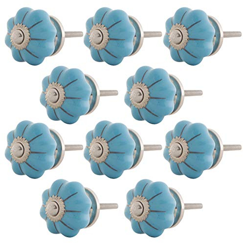 Knober Set 10 Stück Möbelknöpf Kürbisform klein Keramik Porzellan Vintage Landhausstil Shabby-Chic 31mm Knauf Türgriff (04. Blau mit Silber-Montur)
