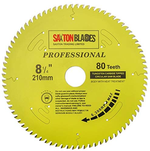 TCT21080TPRO Saxton Professional Range TCT Circular Saw Blade 210mm x 80T x 30mm Bore, 16, 20, 25mm, 25.4mm Reduction Rings Compatible with Evolution Festool Bosch Makita Dewalt