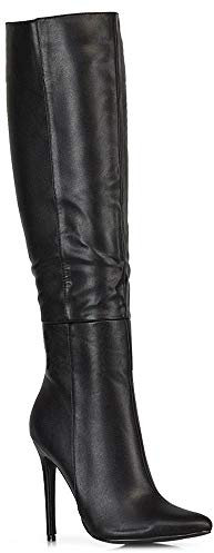 Womens Knee High Boots Mid High Heel Ladies Pointed Toe Shoes Size 3-8 Black Synthetic Leather