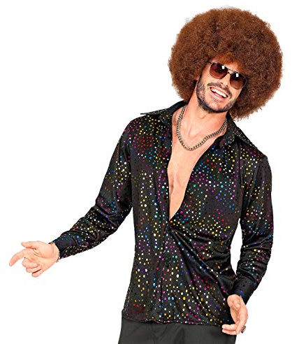 shoperama 70er Jahre Retro Herren Disco Hemd Langarm Metallic Druck Regenbogen Farben Bad Taste Festival, Größe:S/M
