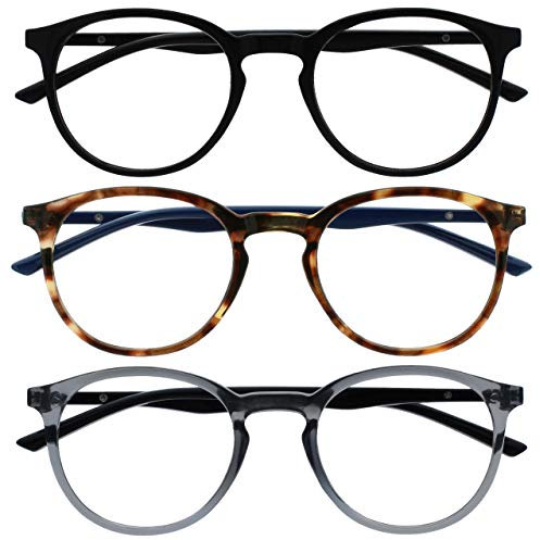 OPULIZE Met-Brille Blaulichtfilter 3er Pack Schlank Runder Rahmen Federscharniere Verbessert Schlaf Computerbrille Gaming Entspiegelt Schwarz Braun Grau Herren Damen BBB60-127 +0.00