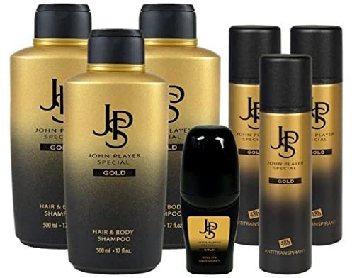 John Player Special GOLD Hair & Body Shampoo 3x500 ml + Deo Spray 3x150 ml + Deo Roll-On 50 ml