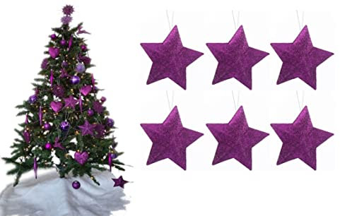 Pack of 6-8cm 3D Glitter Star Baubles Christmas Tree Decorations (Dark Purple)