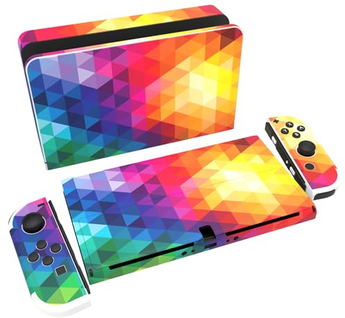 PlayVital Adesivo Skin Protettiva per Nintendo Switch OLED,Decal Sticker Vinile per NS Switch OLED Console&Joycon&Dock&Grip-Triangolo Colorato