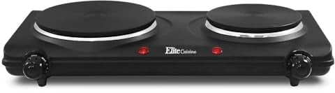 Elite Gourmet EDB-302BF# Countertop Double Cast Iron Burner, 1500 Watts Electric Hot Plate, Temperature Controls, Power Indicator Lights, Easy to Clean, Black
