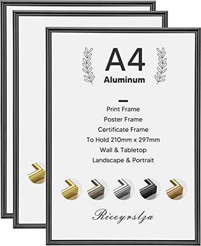 Rieeyrslza Lot de 3 Cadres Photo A4 Cadre à Documents en Aluminium Convient pour Accrocher des Diplôme et Décoration Cadre photo Montage Mural ou sur Table (Noir)