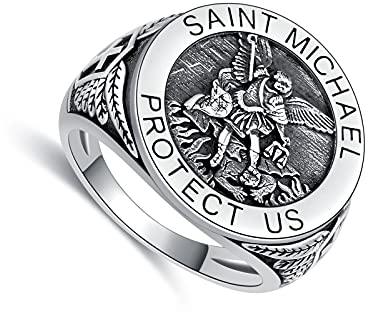 SLIACETE 925 Sterling Silber Saint Michael Ring für Herren, St. Michael Religiöse Medaille Münze Herrenring Geschenk für Männer Junge, Größe: 62(19.8)