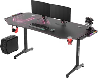 Ultradesk Frag XXL RGB LED | Bureau De Jeu avec Énorme Espace De Travail Et Coussin XXL, 2 Trous De Câble | Home Office, Compartiment pour Multiprises | Cadre en Acier, Tampon Rose, 160x75 cm
