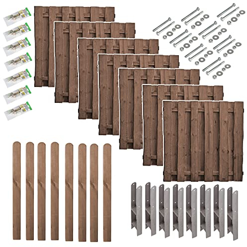 Bohlenzaun Kolding | Komplettset mit Montagematerial & 7 Stk. Zaunelemente 180x180 cm & 8 Stk. Pfosten (braun) 9x9x190 cm | ca. 13.3 lfdm. | Holz-Zaun | Gartenzaun | Bretterzaun | Sichtschutz-Zaun