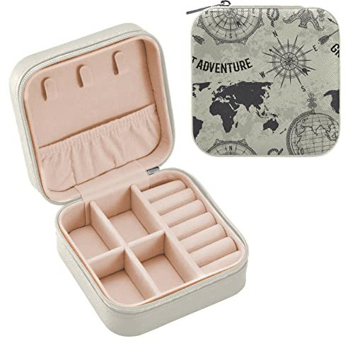 Kleine Schmuckschatulle für Damen, PU-Leder, Reise-Schmuckkästchen für Ringe, Ohrringe, Halsketten, Uhren, Geschenke für Mädchen, Frauen, Vintage, Erdkompass, Weltkarte, Windrose