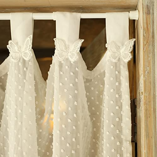 A.Monamour Gardine Scheibengardinen Kurzstores Weißer Halbtransparenter Voile Gardine Mit Schmetterlings Pompon Kurzvorhang Kurzgardinen Küchengardine Küche Vorhang Fenster Kurz Stores Bistrogardine