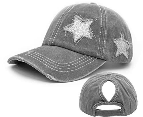 Ruyosn Basekappe Damen Zopf Basecap Cap High Ponytail Cap Damen Pferdeschwanz Cap Sommer Damen Kappe Sommer Kappe Sonnenschutz Glitzer Cap Damen Grau