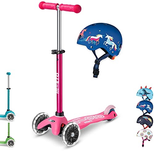 mini micro™ Deluxe LED | Das ORIGINAL | Kinder Roller ab 2 Jahren | inkl. zertifiziertem Helm | Kinderroller von 2-5 Jahre | Kickboard Scooter | 2 3 4 5 Jahre (Roller: Pink/Helm: Unicorn, XS)