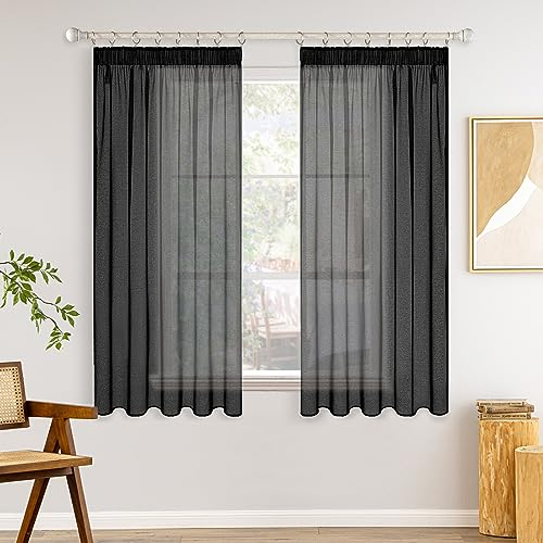 MIULEE Gardinen Vorhänge mit Kräuselband 2er Set Gardine Vorhang Gardinen Wohnzimmer aus Sheer Voile Curtains Transparent Schlafzimmer Schwarz 140 x 175 cm