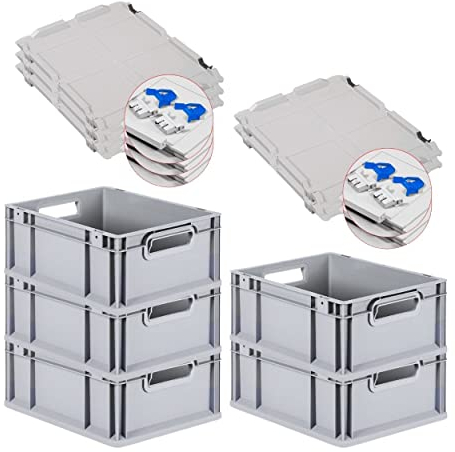 PROREGAL SuperSparSet 5x Eurobox NextGen Grip mit Scharnierdeckel und blauen Schiebeschnappverschlüssen, HxBxT 17x30x40cm, 16 L, Grau, Griffe offen, Eurobehälter, Transportbox