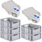 PROREGAL SuperSparSet 5x Eurobox NextGen Grip mit Scharnierdeckel und blauen Schiebeschnappverschlüssen, HxBxT 17x30x40cm, 16 L, Grau, Griffe offen, Eurobehälter, Transportbox