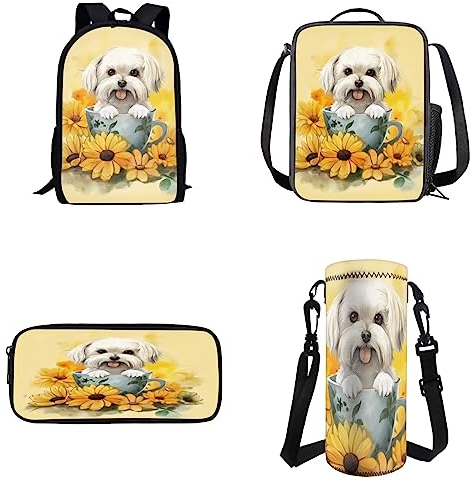 Tomeusey Ensemble de cartables pour adultes et enfants, sac à dos décontracté de grande capacité avec étui à déjeuner, sacs à stylos, porte-bouteille d'eau, Tasse Chien, Ensemble cartable