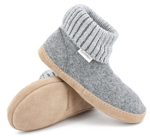 Gottstein Hüttenschuh Dakota aus Mulesing-freier Schaf-Schurwolle – Handgefertigte Hausschuhe aus Wollfilz für Damen & Herren Größe EU 36-47 – Mit hohem Strickbund & gepolsterter Ledersohle Grau, 44