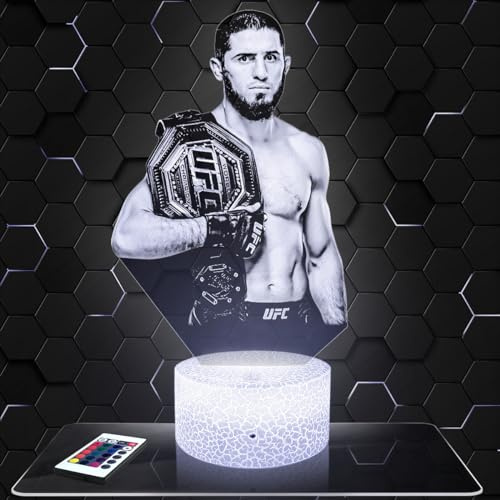 Lampephoto.fr - Lampe I. Makhachev 3D Touch Nachtlicht MMA | Made in France, Sockel wählbar, dimmbar, Batterie/USB, HD-Lasergravur, Geschenk für Mixed-Martial-Arts-Fans